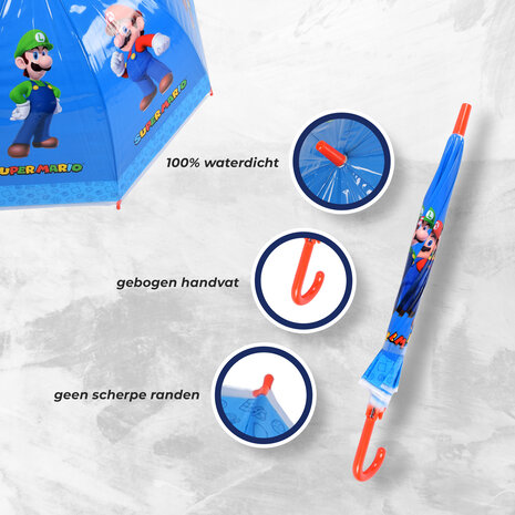 Merkloos Super Mario-Luigi Kids Umbrella in Blue & Red | Plastic and Aluminum | Diameter 70cm | Length 66.5cm | Non-Automatic | Ideal from Age 3 | Perfect for Original Gift