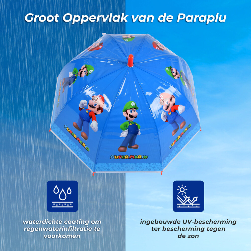Merkloos Super Mario-Luigi Kids Umbrella in Blue & Red | Plastic and Aluminum | Diameter 70cm | Length 66.5cm | Non-Automatic | Ideal from Age 3 | Perfect for Original Gift