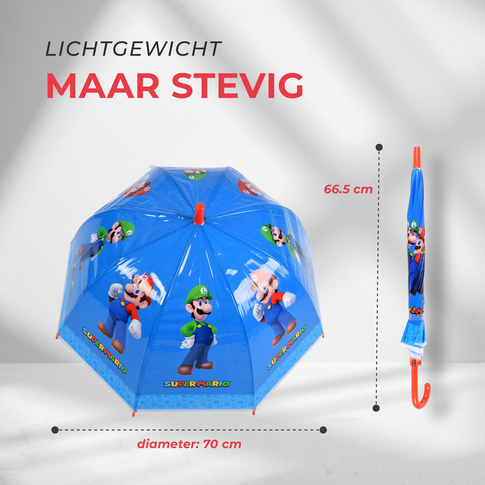Merkloos Super Mario-Luigi Kinderparaplu in Blauw & Rood | Kunststof en Aluminium | Diameter 70cm | Lengte 66.5cm | Niet Automatisch | Ideaal vanaf 3 Jaar | Perfect voor Origineel Geschenk