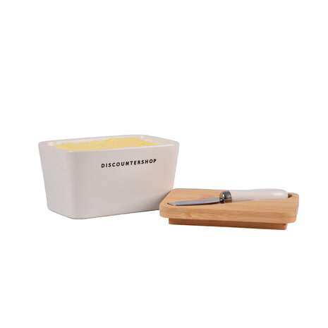 Discountershop Botervloot met Bamboe Deksel | Incl. RVS Botermes | Wit & Beige | 14 cm x 9.5 cm x 8.5 cm | Ideaal voor Huishouden en Camping | Stijvolle Vershoudbakje | Opslagdoos voor Boter Discountershop Botervloot met Bamboe Deksel | Incl. RVS Botermes | Wit & Beige | 14 cm x 9.5 cm x 8.5 cm | Ideaal voor Huishouden en Camping | Stijvolle Vershoudbakje | Opslagdoos voor Boter