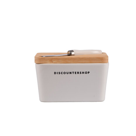 Discountershop Botervloot met Bamboe Deksel | Incl. RVS Botermes | Wit & Beige | 14 cm x 9.5 cm x 8.5 cm | Ideaal voor Huishouden en Camping | Stijvolle Vershoudbakje | Opslagdoos voor Boter Discountershop Botervloot met Bamboe Deksel | Incl. RVS Botermes | Wit & Beige | 14 cm x 9.5 cm x 8.5 cm | Ideaal voor Huishouden en Camping | Stijvolle Vershoudbakje | Opslagdoos voor Boter