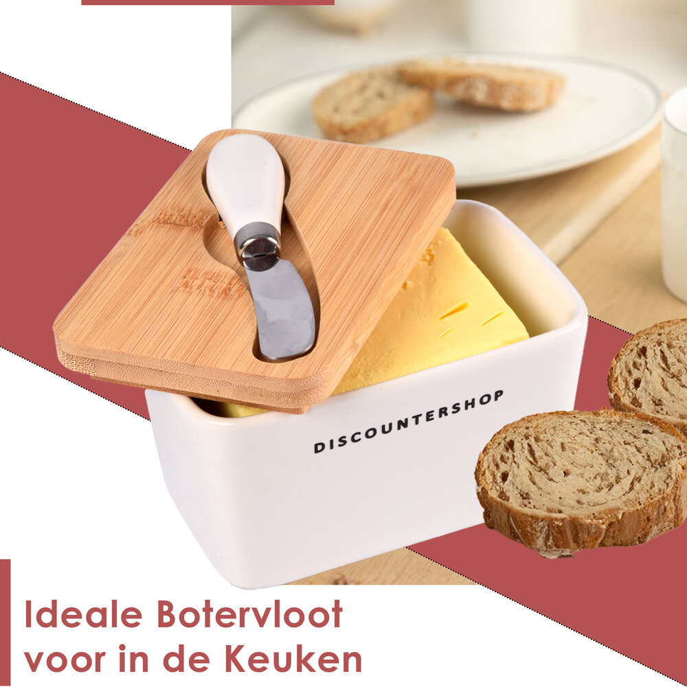 Discountershop Botervloot met Bamboe Deksel | Incl. RVS Botermes | Wit & Beige | 14 cm x 9.5 cm x 8.5 cm | Ideaal voor Huishouden en Camping | Stijvolle Vershoudbakje | Opslagdoos voor Boter Discountershop Botervloot met Bamboe Deksel | Incl. RVS Botermes | Wit & Beige | 14 cm x 9.5 cm x 8.5 cm | Ideaal voor Huishouden en Camping | Stijvolle Vershoudbakje | Opslagdoos voor Boter