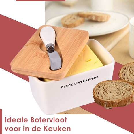 Discountershop Botervloot met Bamboe Deksel | Incl. RVS Botermes | Wit & Beige | 14 cm x 9.5 cm x 8.5 cm | Ideaal voor Huishouden en Camping | Stijvolle Vershoudbakje | Opslagdoos voor Boter Discountershop Botervloot met Bamboe Deksel | Incl. RVS Botermes | Wit & Beige | 14 cm x 9.5 cm x 8.5 cm | Ideaal voor Huishouden en Camping | Stijvolle Vershoudbakje | Opslagdoos voor Boter