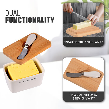 Discountershop Botervloot met Bamboe Deksel | Incl. RVS Botermes | Wit & Beige | 14 cm x 9.5 cm x 8.5 cm | Ideaal voor Huishouden en Camping | Stijvolle Vershoudbakje | Opslagdoos voor Boter Discountershop Botervloot met Bamboe Deksel | Incl. RVS Botermes | Wit & Beige | 14 cm x 9.5 cm x 8.5 cm | Ideaal voor Huishouden en Camping | Stijvolle Vershoudbakje | Opslagdoos voor Boter