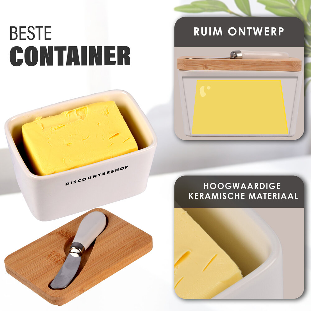 Discountershop White & Beige Butter Holder | Ceramic Butter Dish with Eco-Friendly Bamboo Lid | 715g Weight | With Stainless Steel knife | 9.5cm x 8.5cm | Covered Butter Dish Discountershop White & Beige Butter Holder | Ceramic Butter Dish with Eco-Friendly Bamboo Lid | 715g Weight | With Stainless Steel knife | 9.5cm x 8.5cm | Covered Butter Dish