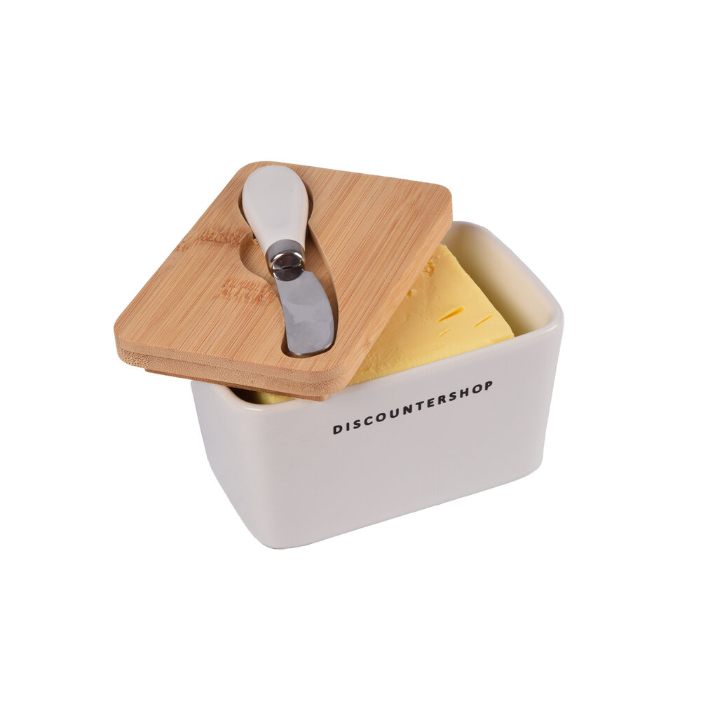 Discountershop Botervloot met Bamboe Deksel | Incl. RVS Botermes | Wit & Beige | 14 cm x 9.5 cm x 8.5 cm | Ideaal voor Huishouden en Camping | Stijvolle Vershoudbakje | Opslagdoos voor Boter Discountershop Botervloot met Bamboe Deksel | Incl. RVS Botermes | Wit & Beige | 14 cm x 9.5 cm x 8.5 cm | Ideaal voor Huishouden en Camping | Stijvolle Vershoudbakje | Opslagdoos voor Boter