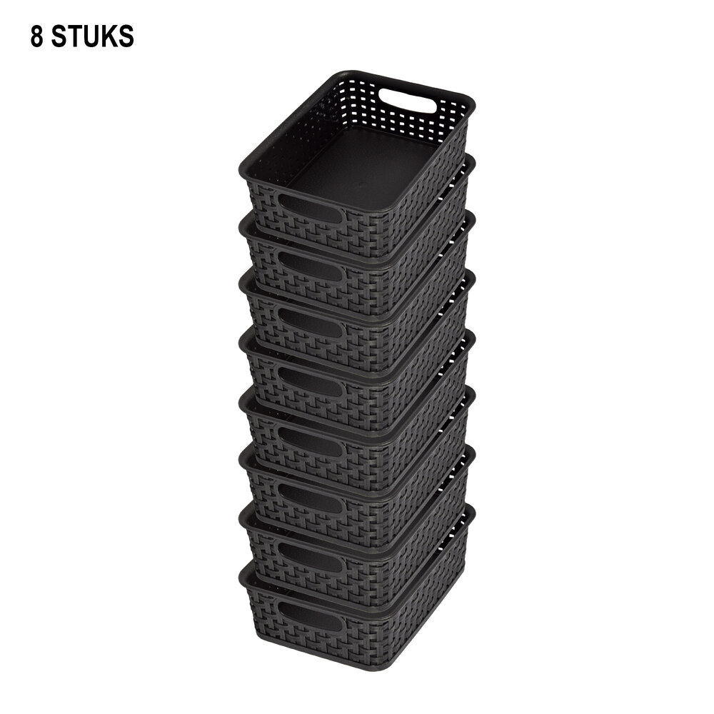 Discountershop Set van 8 Zwarte Manden met Handvatten - Ruime Opslag - 20cm x 15cm x 6cm Discountershop Set van 8 Zwarte Manden met Handvatten - Ruime Opslag - 20cm x 15cm x 6cm