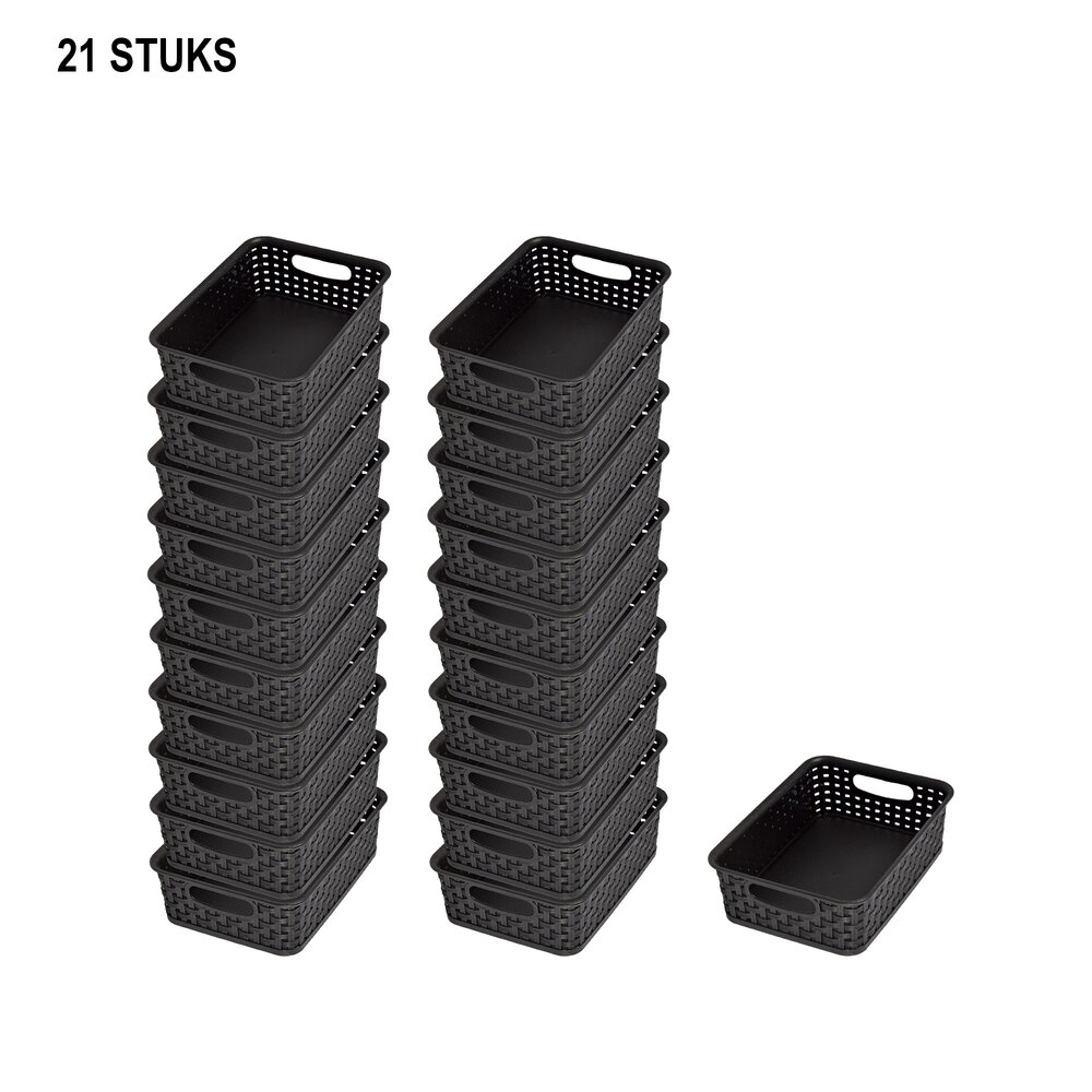 Discountershop Modieuze Zwarte Manden met Handvatten - Slimme Opslagkeuze (20cm x 15cm x 6cm) - 21 stuks Set Discountershop Modieuze Zwarte Manden met Handvatten - Slimme Opslagkeuze (20cm x 15cm x 6cm) - 21 stuks Set