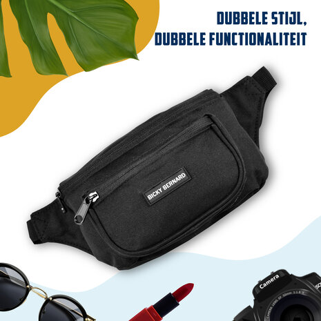 Bicky Bernard  Unisex Heuptas Zwart | 13cm x 30cm | Nylon Heuptas Voor Wandelen Reizen Sporten | Crossbody Phone Pouch en Paspoorthouder voor Dames & Heren | 3 Compartimenten | Niet Geschikt voor Laptop | Sport Heuptas Bicky Bernard  Unisex Heuptas Zwart | 13cm x 30cm | Nylon Heuptas Voor Wandelen Reizen Sporten | Crossbody Phone Pouch en Paspoorthouder voor Dames & Heren | 3 Compartimenten | Niet Geschikt voor Laptop | Sport Heuptas