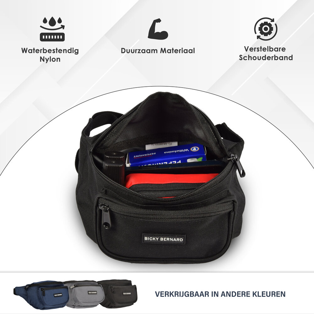 Bicky Bernard  Unisex Heuptas Zwart | 13cm x 30cm | Nylon Heuptas Voor Wandelen Reizen Sporten | Crossbody Phone Pouch en Paspoorthouder voor Dames & Heren | 3 Compartimenten | Niet Geschikt voor Laptop | Sport Heuptas Bicky Bernard  Unisex Heuptas Zwart | 13cm x 30cm | Nylon Heuptas Voor Wandelen Reizen Sporten | Crossbody Phone Pouch en Paspoorthouder voor Dames & Heren | 3 Compartimenten | Niet Geschikt voor Laptop | Sport Heuptas