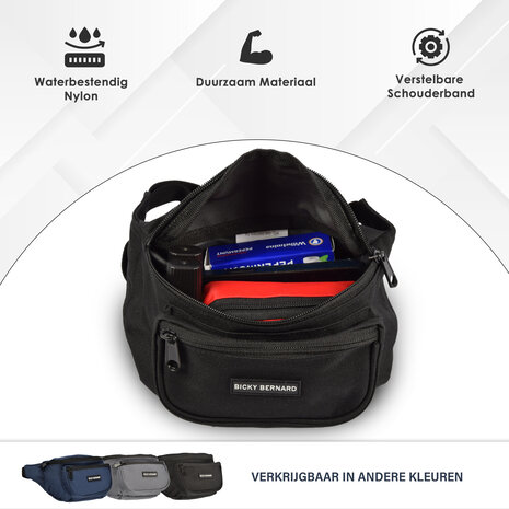 Bicky Bernard  Unisex Heuptas Zwart | 13cm x 30cm | Nylon Heuptas Voor Wandelen Reizen Sporten | Crossbody Phone Pouch en Paspoorthouder voor Dames & Heren | 3 Compartimenten | Niet Geschikt voor Laptop | Sport Heuptas Bicky Bernard  Unisex Heuptas Zwart | 13cm x 30cm | Nylon Heuptas Voor Wandelen Reizen Sporten | Crossbody Phone Pouch en Paspoorthouder voor Dames & Heren | 3 Compartimenten | Niet Geschikt voor Laptop | Sport Heuptas