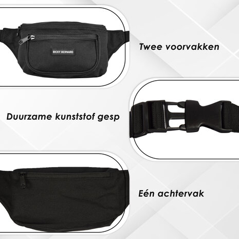 Bicky Bernard  Unisex Black Running Waist Bag | Bum Bag for Travel Hiking Sports | Crossbody Waist Pack For Phone and Passport | 13cm Height | 30cm Width | Nylon Hip Pack with 3 Compartments | Perfect For Unisex Use Bicky Bernard  Unisex Black Running Waist Bag | Bum Bag for Travel Hiking Sports | Crossbody Waist Pack For Phone and Passport | 13cm Height | 30cm Width | Nylon Hip Pack with 3 Compartments | Perfect For Unisex Use