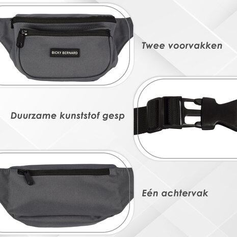 Bicky Bernard  Unisex Waterproof Bum Bag | Crossbody Runners Belt for Men and Women | Fits Smartphone & Passport | Grey Nylon Hiking Waist Pack with 3 Compartments | Stylish Running Phone Belt | 13cm x 30cm Bicky Bernard  Unisex Waterproof Bum Bag | Crossbody Runners Belt for Men and Women | Fits Smartphone & Passport | Grey Nylon Hiking Waist Pack with 3 Compartments | Stylish Running Phone Belt | 13cm x 30cm