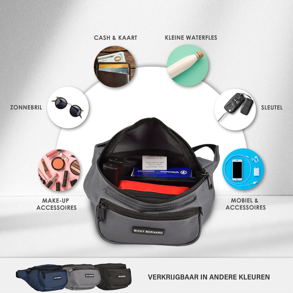 Bicky Bernard  Unisex Heuptasje Voor Telefoon | Crossbody Wandeltasje Voor Dames en Heren | Grijs | Nylon | 13cm x 30cm | Buiktasje met 3 Vakken | Heuptasje Voor Reizen Wandelen en Sport Bicky Bernard  Unisex Heuptasje Voor Telefoon | Crossbody Wandeltasje Voor Dames en Heren | Grijs | Nylon | 13cm x 30cm | Buiktasje met 3 Vakken | Heuptasje Voor Reizen Wandelen en Sport