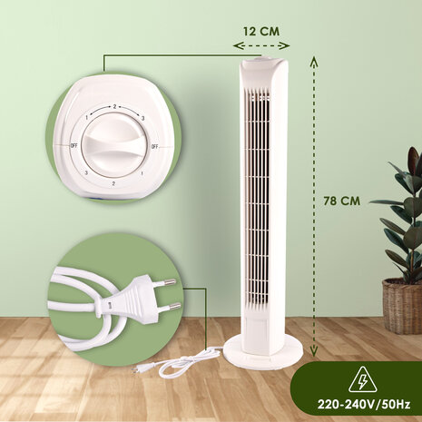 Merkloos White Best Cooling Tower Fan | 78cm Height | 12cm Width | 45W | 220-240V/50Hz | Best Cooling Tower Fan | Air Circulating Fans | Best Fan for Bedroom | Best Budget Tower Fan With 3 Oscillation Speeds
