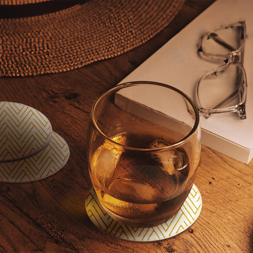 Merkloos Design Glass Coasters for Drinks | White With Gold Ornaments | Round 10cm Diameter | Set of 3 | Absorbent, Reusable Pan Coasters | Ideal for Coffee, Bar, Kitchen | Elegant Table Decorations Merkloos Design Glass Coasters for Drinks | White With Gold Ornaments | Round 10cm Diameter | Set of 3 | Absorbent, Reusable Pan Coasters | Ideal for Coffee, Bar, Kitchen | Elegant Table Decorations