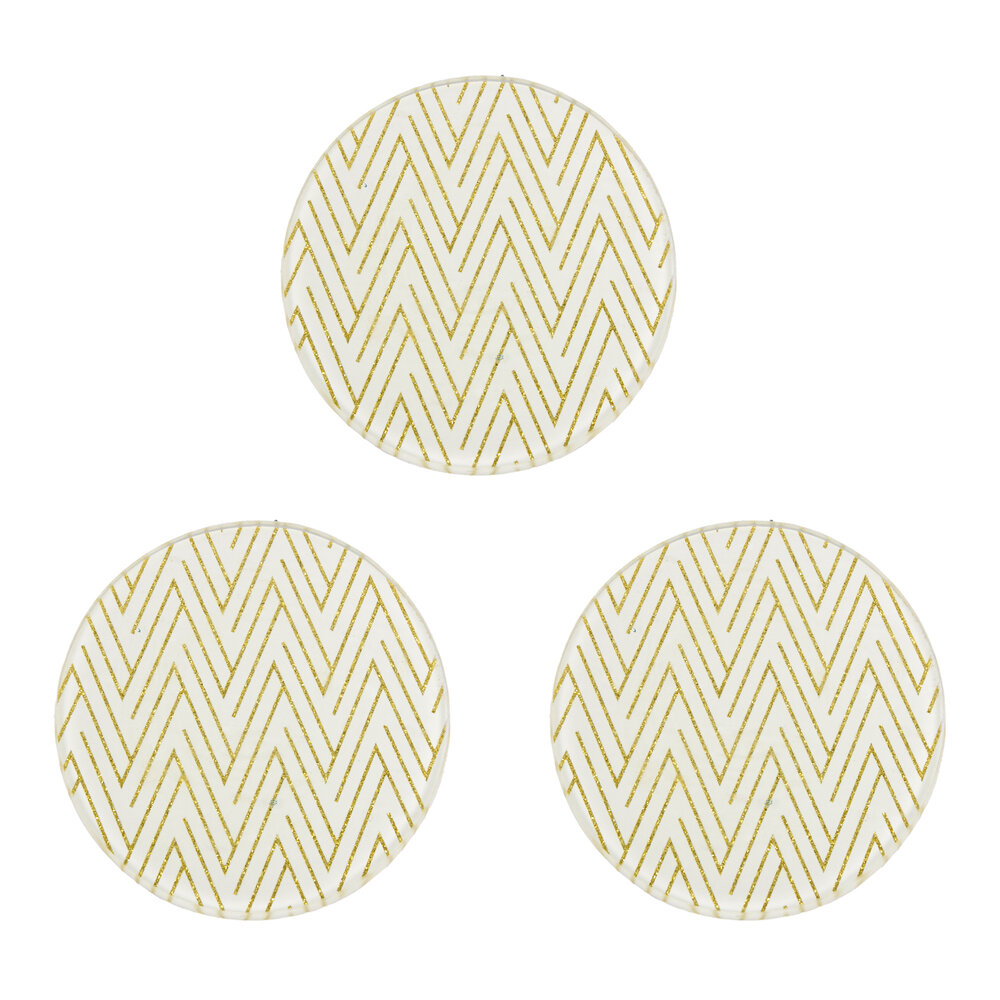 Merkloos Set Van 3 Glazen Kaarshouders | Wit Met Goud Ornamenten | Diameter 10 Cm | Hoogte 1 Cm | Perfect Als Onderzetters Voor Pannen | Glazen Onderzetters | Herbruikbaar En Absorberend Voor Koffie, Bar, Keuken