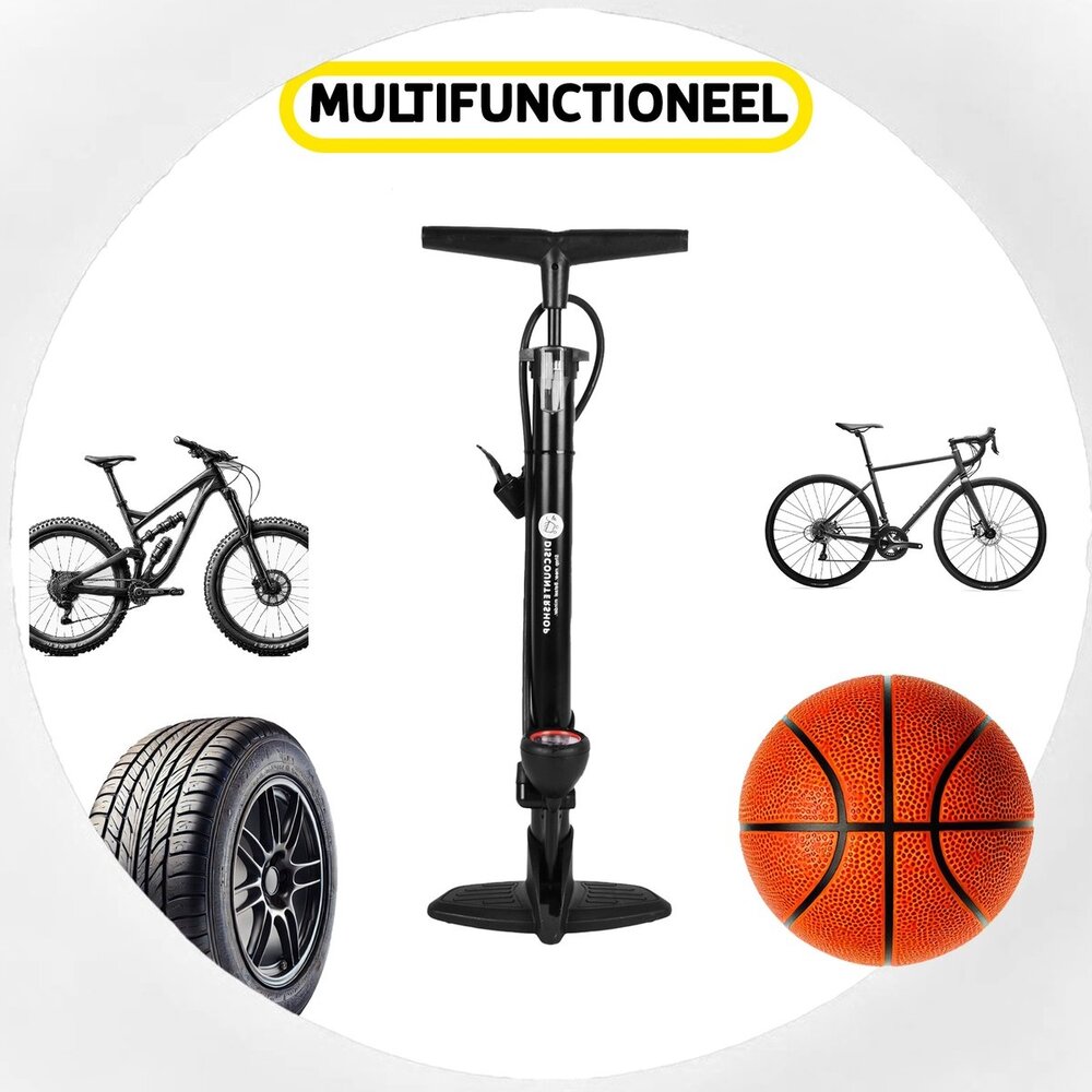 Merkloos Fietspomp met Drukmeter en Extra Ventielen - Multifunctionele Aluminium Vloerpomp met Schrader en Presta Mondstuk - Lichtgewicht Pomp voor Fietsen, Ballen, Scooters en Autobanden