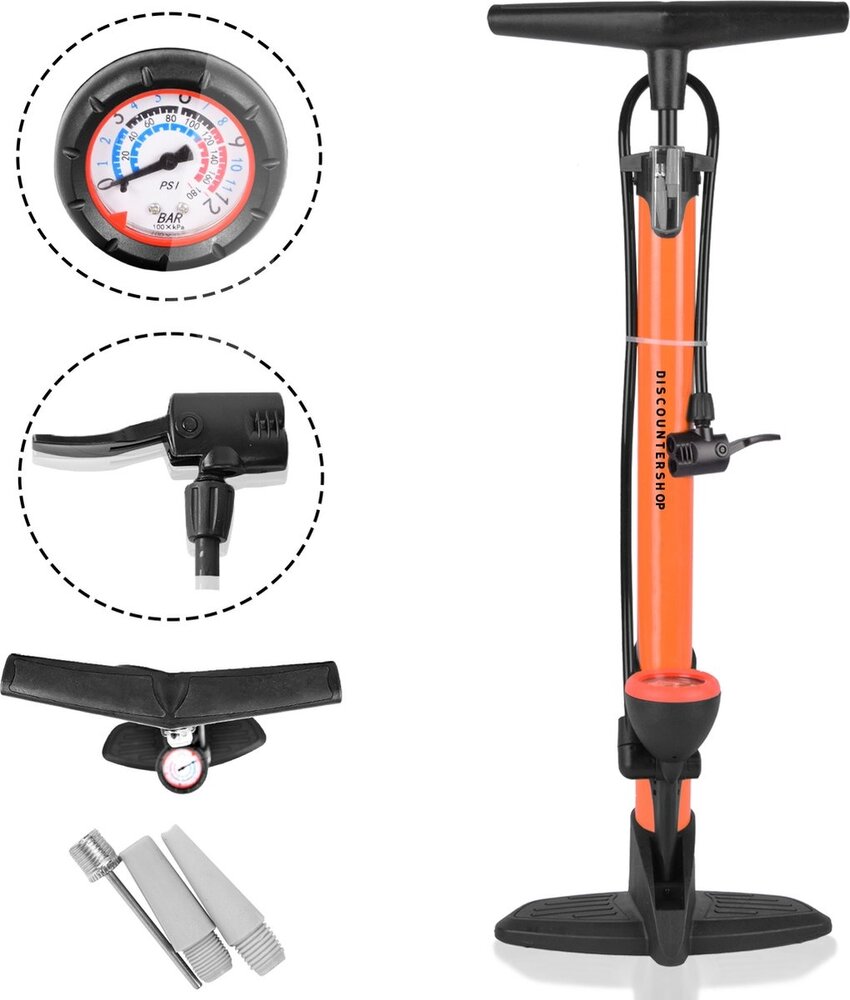 Merkloos Staande Fietspomp met Drukmeter en Adapters - 8 Bar - Kunststof en Metaal - Oranje en Zwart - 63cmx10cm Merkloos Staande Fietspomp met Drukmeter en Adapters - 8 Bar - Kunststof en Metaal - Oranje en Zwart - 63cmx10cm