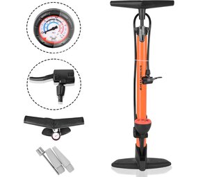 Merkloos Staande Fietspomp met Drukmeter en Adapters - 8 Bar - Kunststof en Metaal - Oranje en Zwart - 63cmx10cm Merkloos Staande Fietspomp met Drukmeter en Adapters - 8 Bar - Kunststof en Metaal - Oranje en Zwart - 63cmx10cm