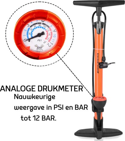 Merkloos Upright Bicycle Pump with Pressure Gauge and Adapters - 8 Bar - Plastic and Metal - Orange and Black - 63cmx10cm Merkloos Upright Bicycle Pump with Pressure Gauge and Adapters - 8 Bar - Plastic and Metal - Orange and Black - 63cmx10cm
