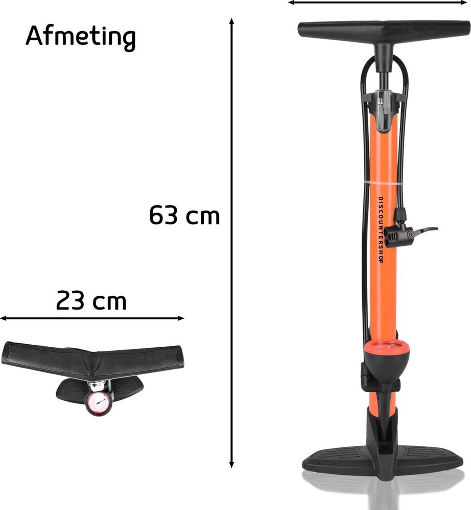 Merkloos Upright Bicycle Pump with Pressure Gauge and Adapters - 8 Bar - Plastic and Metal - Orange and Black - 63cmx10cm Merkloos Upright Bicycle Pump with Pressure Gauge and Adapters - 8 Bar - Plastic and Metal - Orange and Black - 63cmx10cm