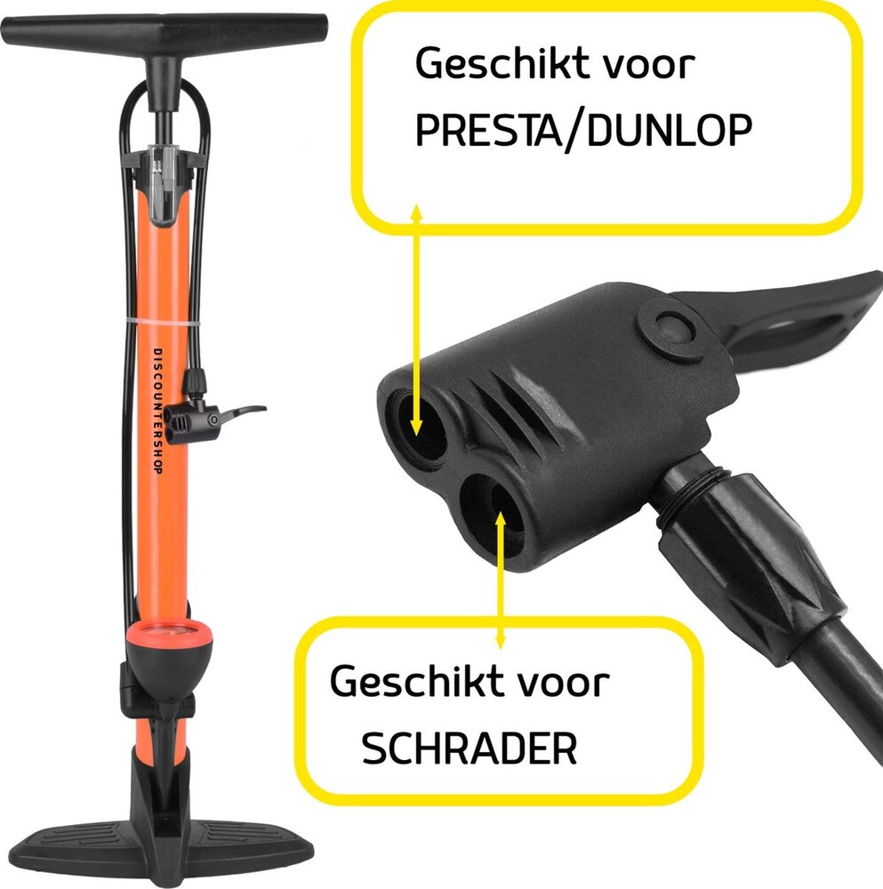 Merkloos Staande Fietspomp met Drukmeter en Adapters - 8 Bar - Kunststof en Metaal - Oranje en Zwart - 63cmx10cm Merkloos Staande Fietspomp met Drukmeter en Adapters - 8 Bar - Kunststof en Metaal - Oranje en Zwart - 63cmx10cm