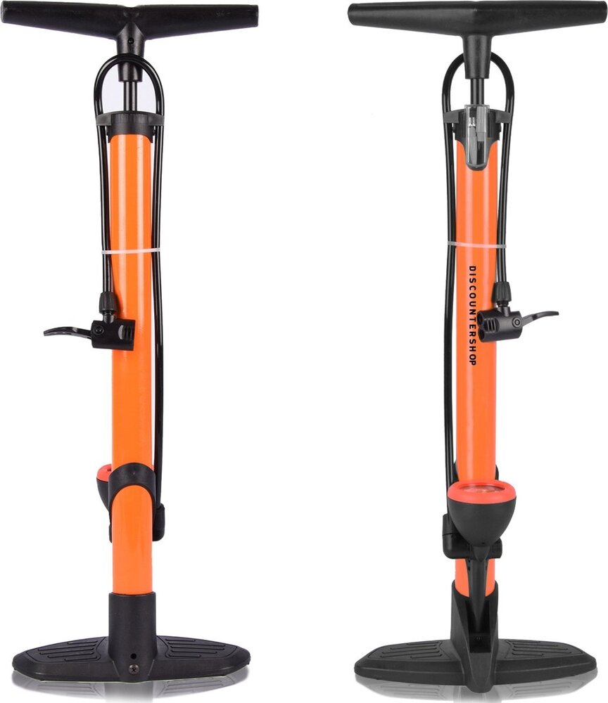 Merkloos Staande Fietspomp met Drukmeter en Adapters - 8 Bar - Kunststof en Metaal - Oranje en Zwart - 63cmx10cm Merkloos Staande Fietspomp met Drukmeter en Adapters - 8 Bar - Kunststof en Metaal - Oranje en Zwart - 63cmx10cm