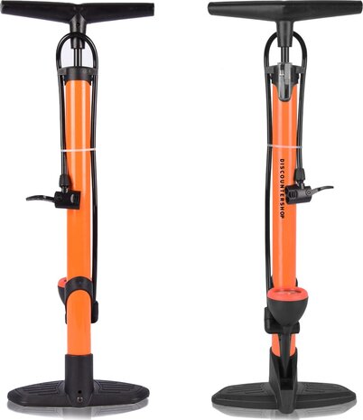 Merkloos Staande Fietspomp met Drukmeter en Adapters - 8 Bar - Kunststof en Metaal - Oranje en Zwart - 63cmx10cm Merkloos Staande Fietspomp met Drukmeter en Adapters - 8 Bar - Kunststof en Metaal - Oranje en Zwart - 63cmx10cm