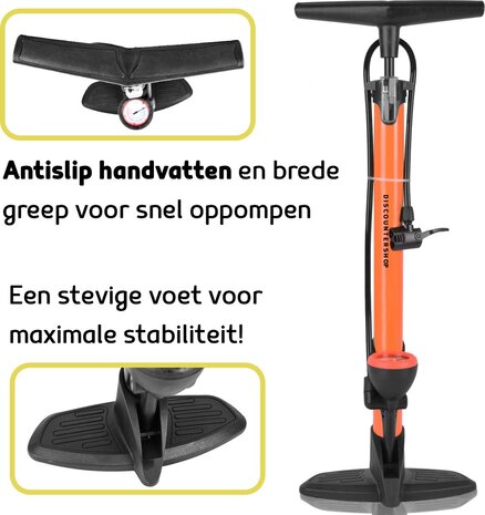 Merkloos Staande Fietspomp met Drukmeter en Adapters - 8 Bar - Kunststof en Metaal - Oranje en Zwart - 63cmx10cm Merkloos Staande Fietspomp met Drukmeter en Adapters - 8 Bar - Kunststof en Metaal - Oranje en Zwart - 63cmx10cm