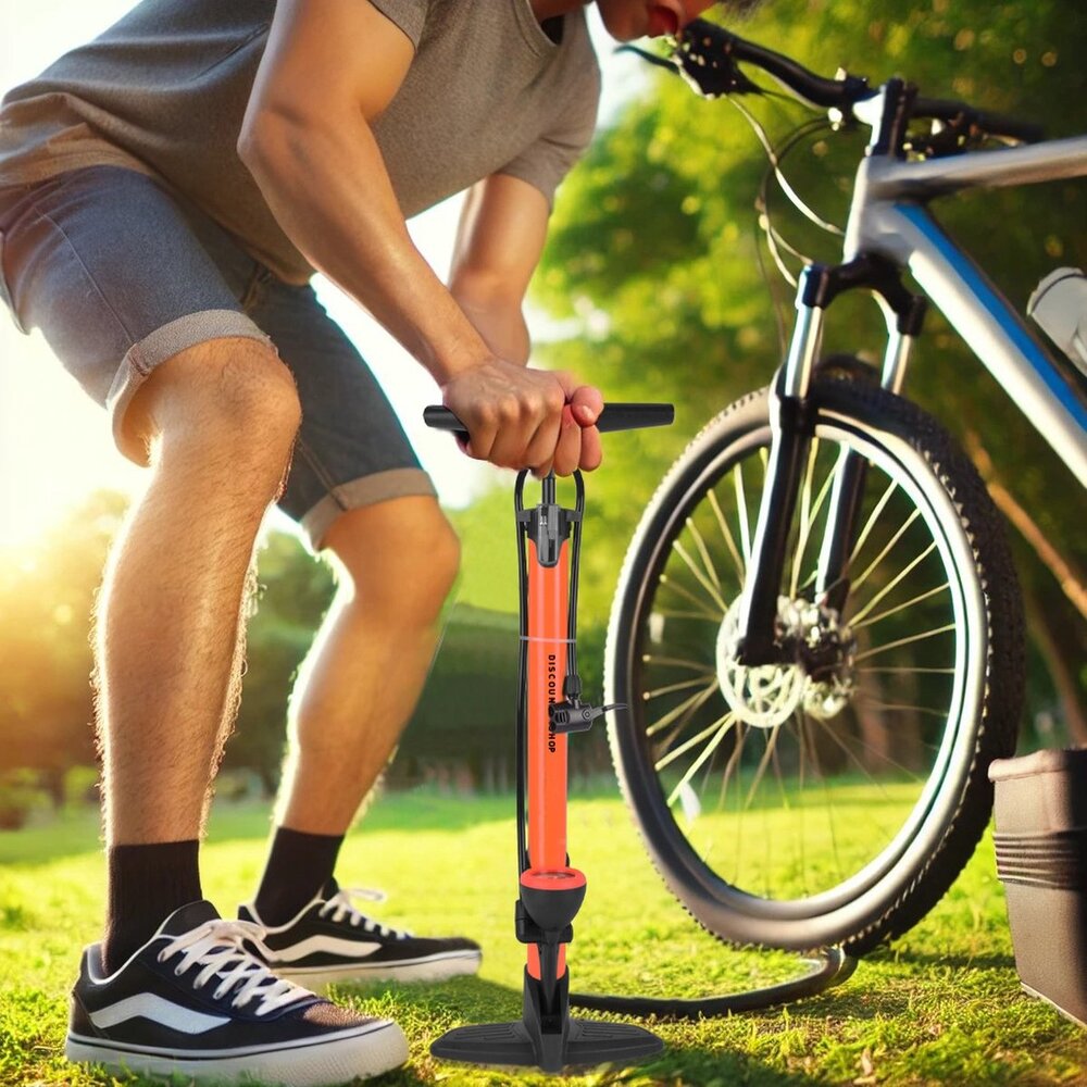 Merkloos Upright Bicycle Pump with Pressure Gauge and Adapters - 8 Bar - Plastic and Metal - Orange and Black - 63cmx10cm Merkloos Upright Bicycle Pump with Pressure Gauge and Adapters - 8 Bar - Plastic and Metal - Orange and Black - 63cmx10cm