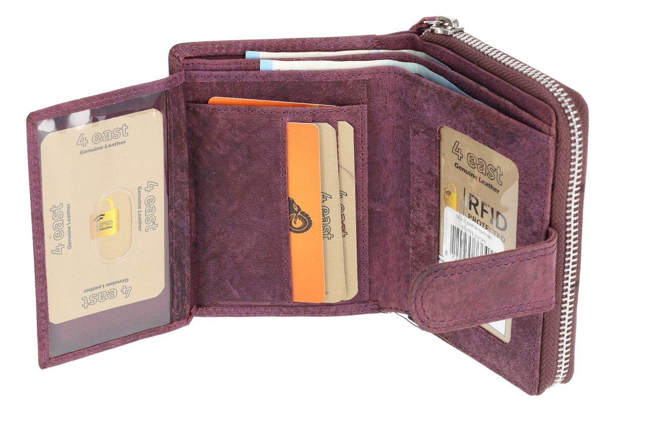 4 East Unisex Leather Wallet - Purple Pure Leather with Zipper - RFID Anti-Skim - 7 Card Slots, Bill Compartment & Coin Pocket - Perfect Christmas Gift - 13.5x10cm 4 East Unisex Leather Wallet - Purple Pure Leather with Zipper - RFID Anti-Skim - 7 Card Slots, Bill Compartment & Coin Pocket - Perfect Christmas Gift - 13.5x10cm