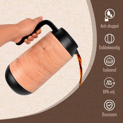 Discountershop Thermoskan - Isoleerkan 1 liter - houtlook - Isoleerkannen - warmte tot +5h.