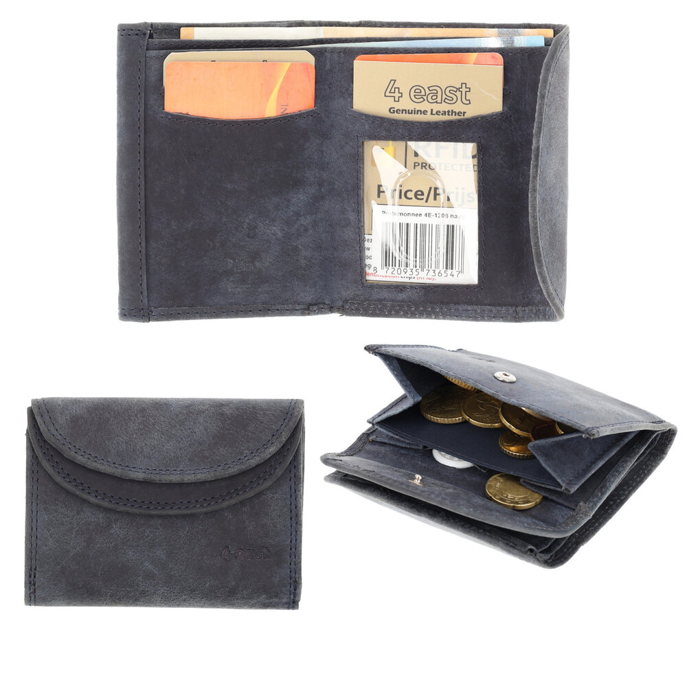 4 East Small Wallet with RFID | Portable Navy Leather Wallet for Men & Women | 4 Card Slots, Coin Pocket, & 2 Bill Compartment | 10.5x8.5x2.5 cm 4 East Small Wallet with RFID | Portable Navy Leather Wallet for Men & Women | 4 Card Slots, Coin Pocket, & 2 Bill Compartment | 10.5x8.5x2.5 cm