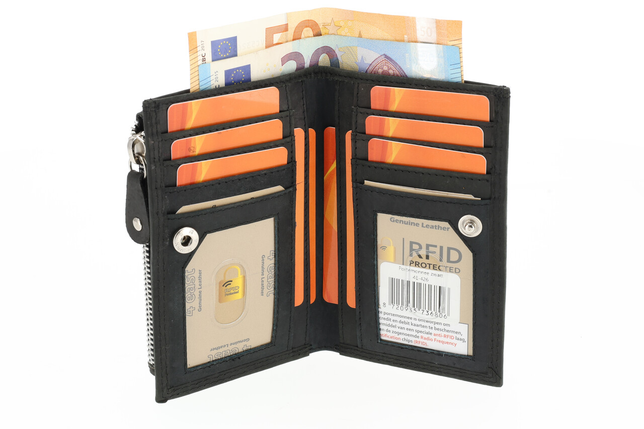 4 East Dames portemonnee met rits | zwart leren portemonnee in echt leer | 14cm x 9cm - 12 kaartsloten - 7 vakken | rfid | ideaal cadeautjes 4 East Dames portemonnee met rits | zwart leren portemonnee in echt leer | 14cm x 9cm - 12 kaartsloten - 7 vakken | rfid | ideaal cadeautjes