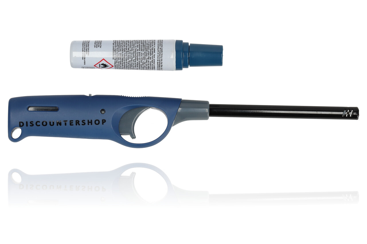 Discountershop Aansteker met Navulling Set – Navulbare Lange Gasaanstekers Blauw 25,5 cm voor BBQ, Kaarsen en Kamperen