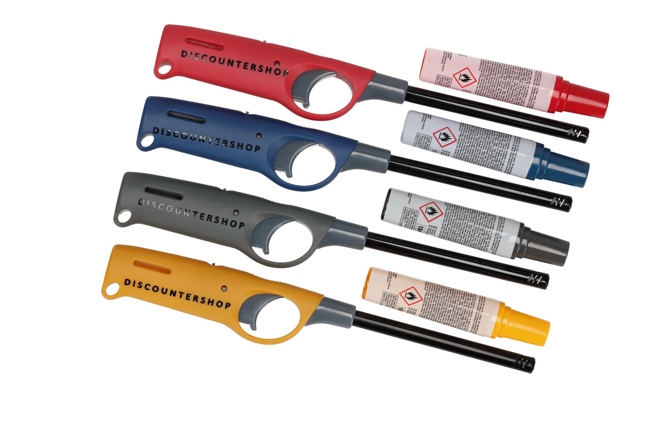 Discountershop Elektrische gasaanstekers | Set van 4 met navulling | navulbaar - blauw, geel, rood, grijs | beste aansteker voor bbq & kaarsen | 25.5cm lengte Discountershop Elektrische gasaanstekers | Set van 4 met navulling | navulbaar - blauw, geel, rood, grijs | beste aansteker voor bbq & kaarsen | 25.5cm lengte