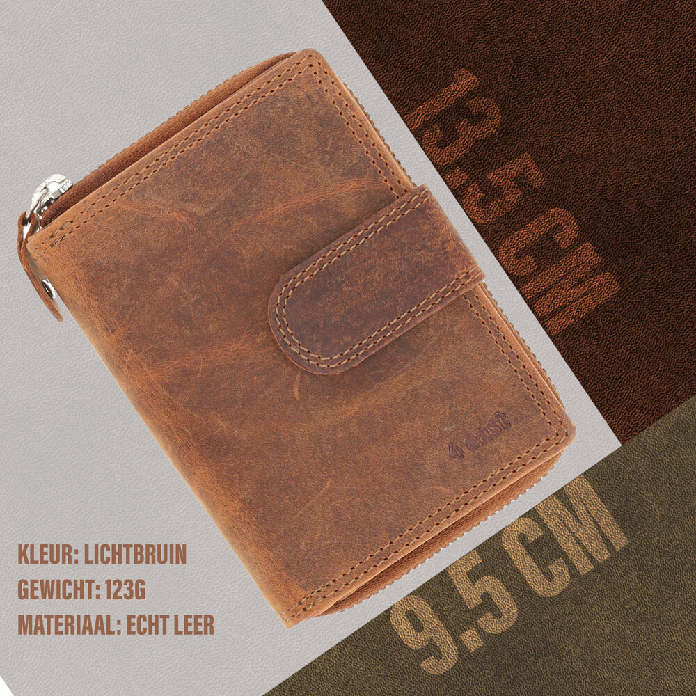 4 East Brown Wallet with Zipper - Genuine Leather - RFID Protected Anti Skim - 13,5x10 cm - 6 Credit Card Pockets 4 East Brown Wallet with Zipper - Genuine Leather - RFID Protected Anti Skim - 13,5x10 cm - 6 Credit Card Pockets