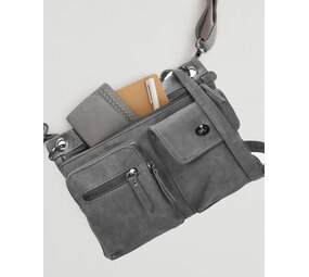 Bicky Bernard  Bicky Bernard Dames Schoudertas - Crossbodytas Grijs - Platte Tas met Meerdere Ritssluitingen - Afneembare Schouderriem - 5 Vakken - 21,5 cm Hoog x 27 cm Breed x 4 cm Diep - Kunstleer Bicky Bernard  Bicky Bernard Dames Schoudertas - Crossbodytas Grijs - Platte Tas met Meerdere Ritssluitingen - Afneembare Schouderriem - 5 Vakken - 21,5 cm Hoog x 27 cm Breed x 4 cm Diep - Kunstleer