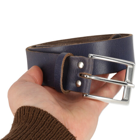4 East  Unisex Blue Leather Belt | Genuine Leather Belt for Men & Women |85cm Jeans Belt | Total Length 102.5cm | 3.5cm Wide