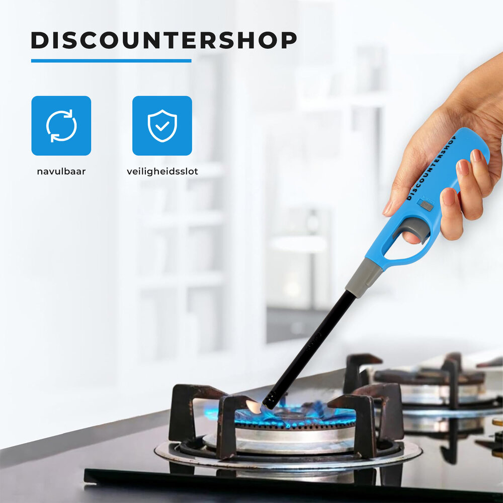 Discountershop Kitchen Lighter 26 cm with Child Lock - for BBQ, Candles, Kitchen and Camping - Refillable Gas Lighter - Blue
