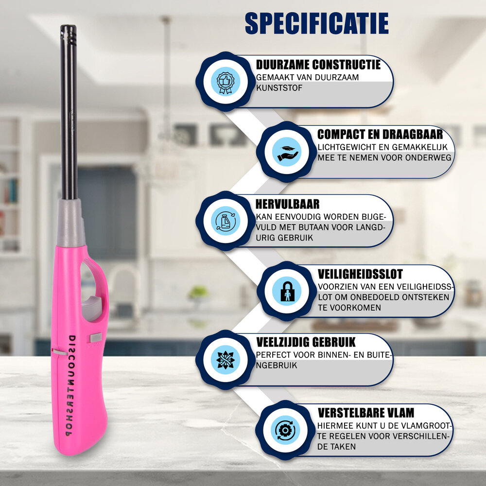 Discountershop Gasaansteker met Kinderslot 26 cm voor BBQ, Keuken, Kaarsen en Kamperen met Lange Hals - Roze