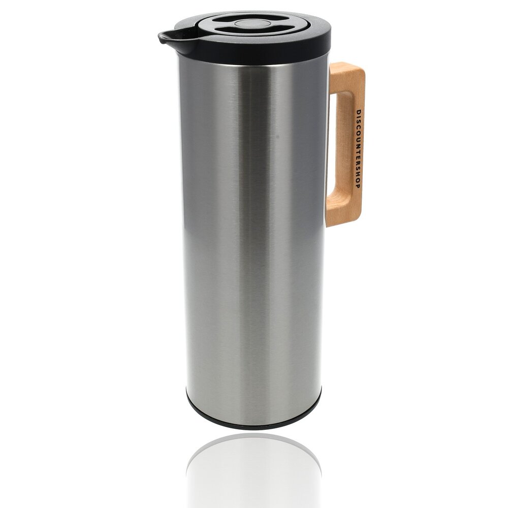 Discountershop Thermos/Thermos Flask Stainless Steel 1L – Airtight and Leak-proof – Double-walled-Wooden Handle – Up to 6 hours warm