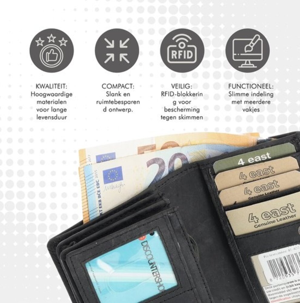 4 East RFID Wallet | Buffalo leather | 14 Passes | Coin compartment | Press studs | Buffalo leather | Money Exchange | 8.5x12.5x3cm 4 East RFID Wallet | Buffalo leather | 14 Passes | Coin compartment | Press studs | Buffalo leather | Money Exchange | 8.5x12.5x3cm