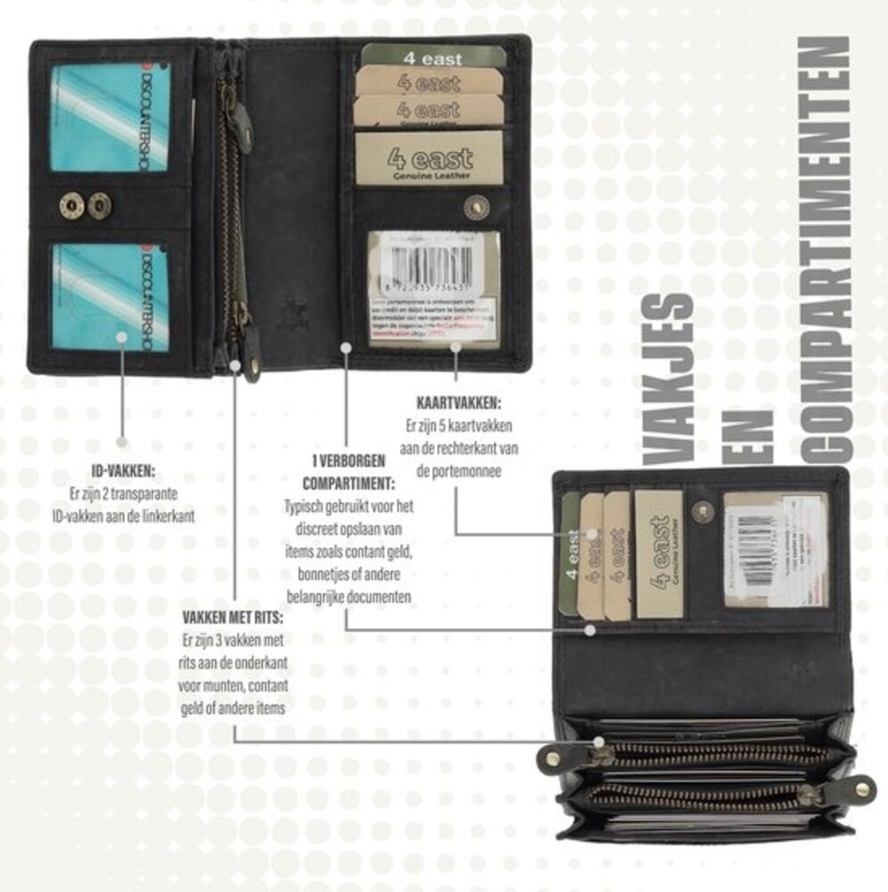 4 East Portemonnee dames - Portemonnee heren - Harmonica Buffelleer - Zwart - RFID Bescherming - 14 Pasjes - Ruime Indeling met Steekvakken 4 East Portemonnee dames - Portemonnee heren - Harmonica Buffelleer - Zwart - RFID Bescherming - 14 Pasjes - Ruime Indeling met Steekvakken