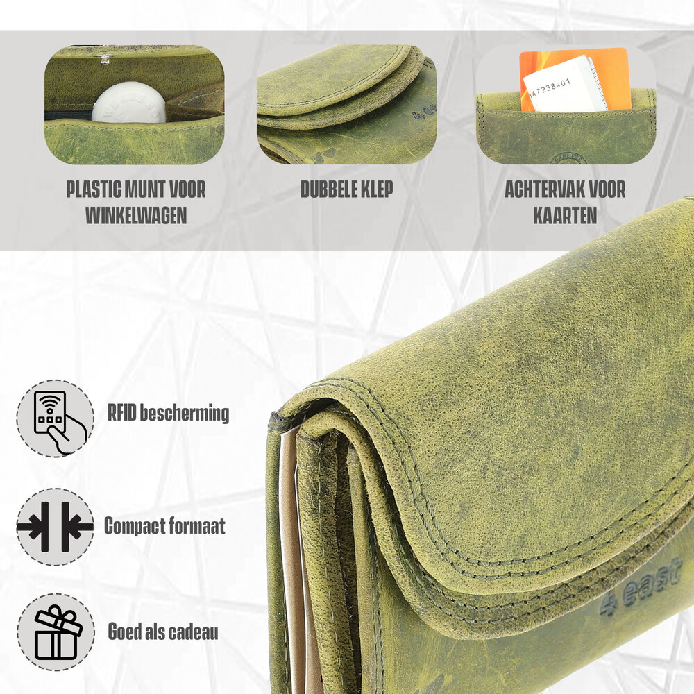 4 East Overslag Portemonnee Dames & Heren | Met Dubbele Kleppen | RFID Bescherming | Olive Unisex Portefeuille | 2 Pasjeshouder, Bil & Muntvak | 9x7x2cm 4 East Overslag Portemonnee Dames & Heren | Met Dubbele Kleppen | RFID Bescherming | Olive Unisex Portefeuille | 2 Pasjeshouder, Bil & Muntvak | 9x7x2cm