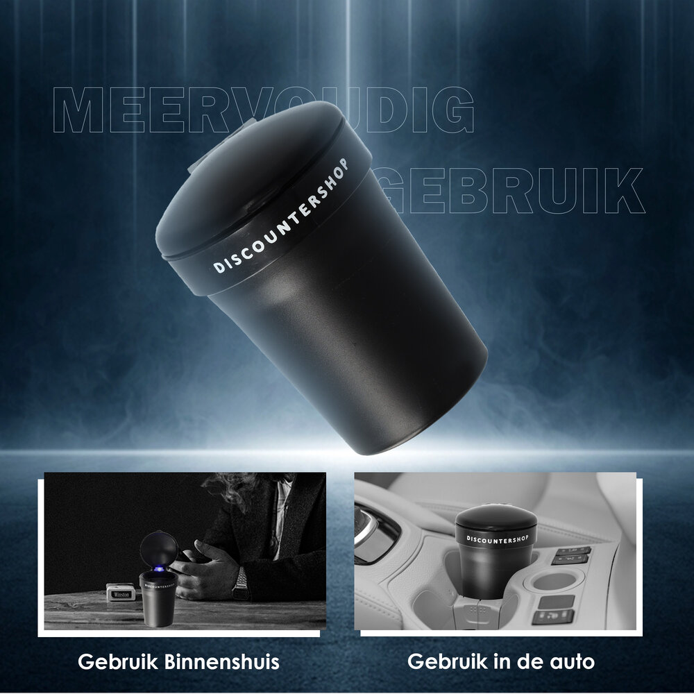 Merkloos Auto asbak / Geurloze Auto Asbak / Met led verlichting / incl"GRATIS BATTERIJ" - Zwart
