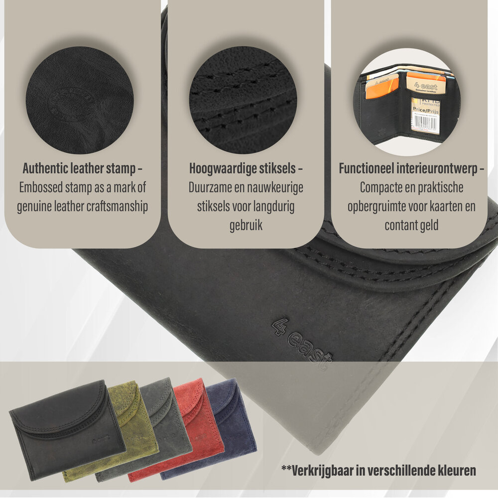 4 East Dubbele Overslag Kleine Portemonnee | Unisex - RFID Anti Skim | Portefeuille Kleingeld | 2 Pasjeshouder, Muntvak & Biljetvak | 9x7x2cm - Zwart 4 East Dubbele Overslag Kleine Portemonnee | Unisex - RFID Anti Skim | Portefeuille Kleingeld | 2 Pasjeshouder, Muntvak & Biljetvak | 9x7x2cm - Zwart