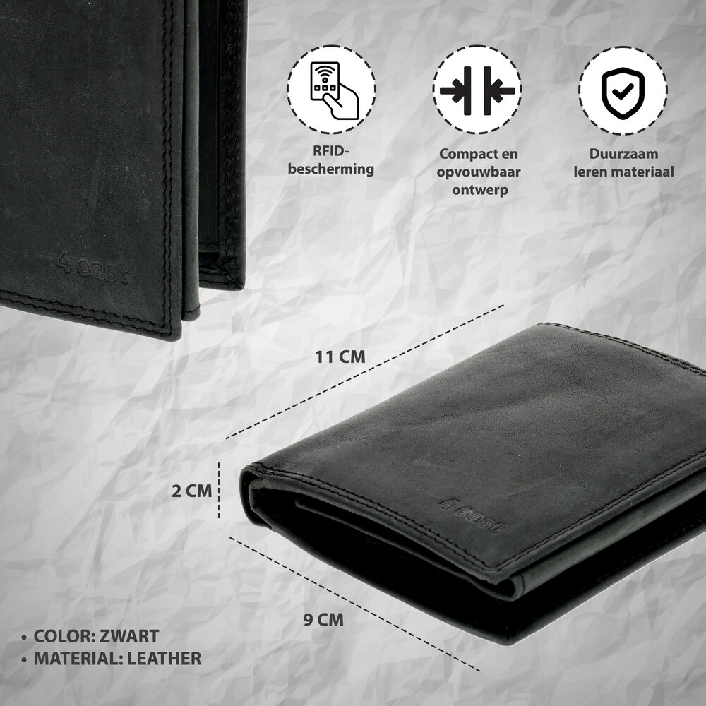 4 East Leren Portemonnee met 8 Pasjeshouder | Briefgeld & Muntvak | Beste Portemonnee Heren & Dames met RFID Bescherming | Zwart | 11X9X2cm | Cadeau voor Alles! 4 East Leren Portemonnee met 8 Pasjeshouder | Briefgeld & Muntvak | Beste Portemonnee Heren & Dames met RFID Bescherming | Zwart | 11X9X2cm | Cadeau voor Alles!