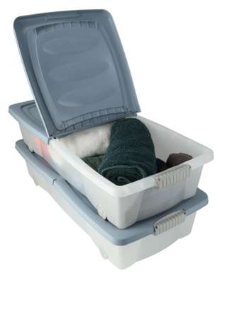 Opbergboxen met Deksel en Wieltjes- Set van 2 - Onderbedbox 79x39x17 cm - Blauwe Opslagbox voor Kleding, Speelgoed Opbergboxen met Deksel en Wieltjes- Set van 2 - Onderbedbox 79x39x17 cm - Blauwe Opslagbox voor Kleding, Speelgoed